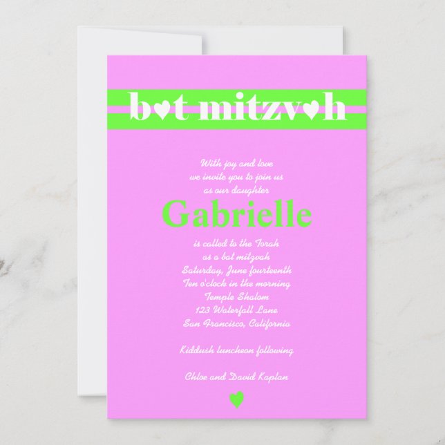 Invitation Vert rose de Gabrielle d'invitation de bat mitzvah (Devant)