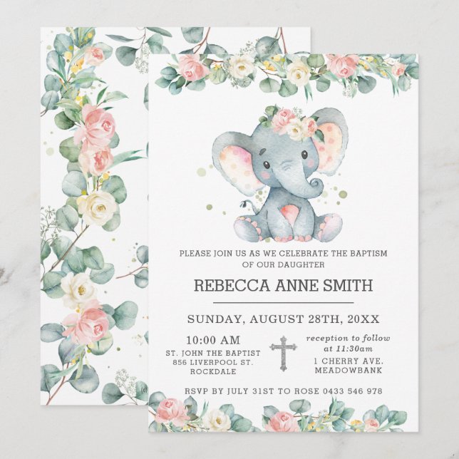 Invitation Vert rose Floral Eléphant Baptême Christening (Devant / Derrière)