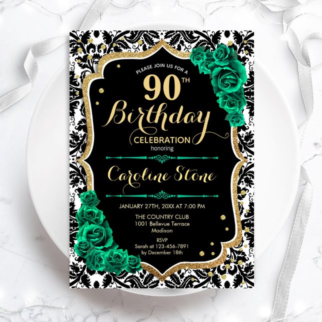 Invitation Vert Rose Gold Black Damask 90e anniversaire (Créateur téléchargé)