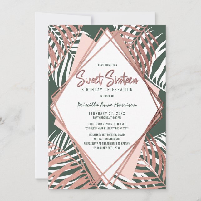 Invitation Vert Rose Gold Tropical Palm Tree Feuille Sweet 16 (Devant)