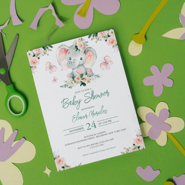 Invitation Vert rose mignon Baby shower de cadre d'éléphant F (Créateur téléchargé)
