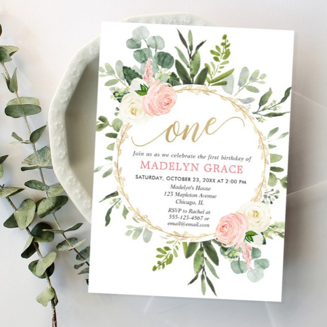 Invitation Vert rose or élégant fille 1er anniversaire (Créateur téléchargé)