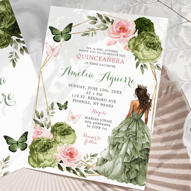 Invitation Vert rose pâle Sage Floral mexicain Quinceañera (Créateur téléchargé)