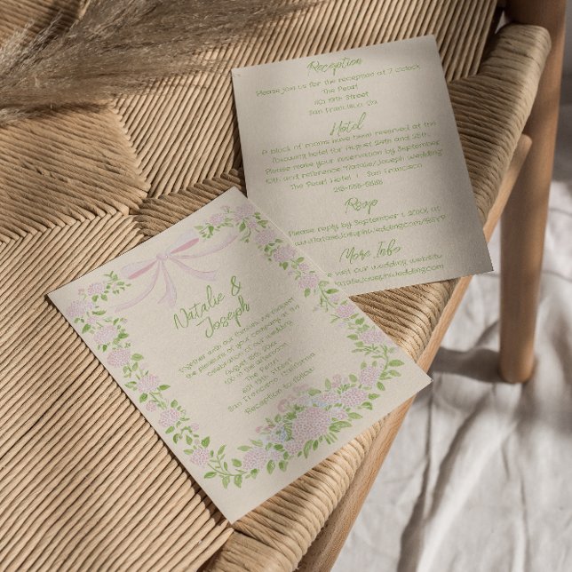 Invitation Vert Rose Ruban Floral Été Tout En Un Mariage (Créateur téléchargé)