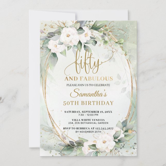 Invitation Vert Roses blanches eucalyptus cinquante et fabule (Devant)
