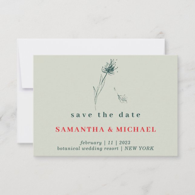 Invitation Vert Rouge Boho Indie Fleur de pissenlit Sauvegard (Devant)