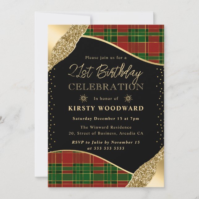 Invitation Vert, rouge et or Plaid d'hiver 21e anniversaire (Devant)