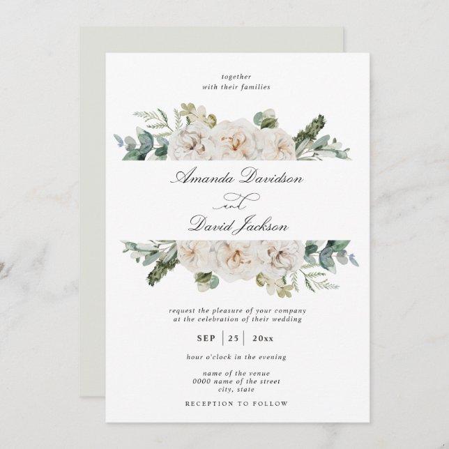 Invitation Vert rustique Blanc Floral Sage Vert Mariage (Devant / Derrière)
