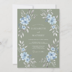 Invitation Vert sage bleu floral aquarelle mariage