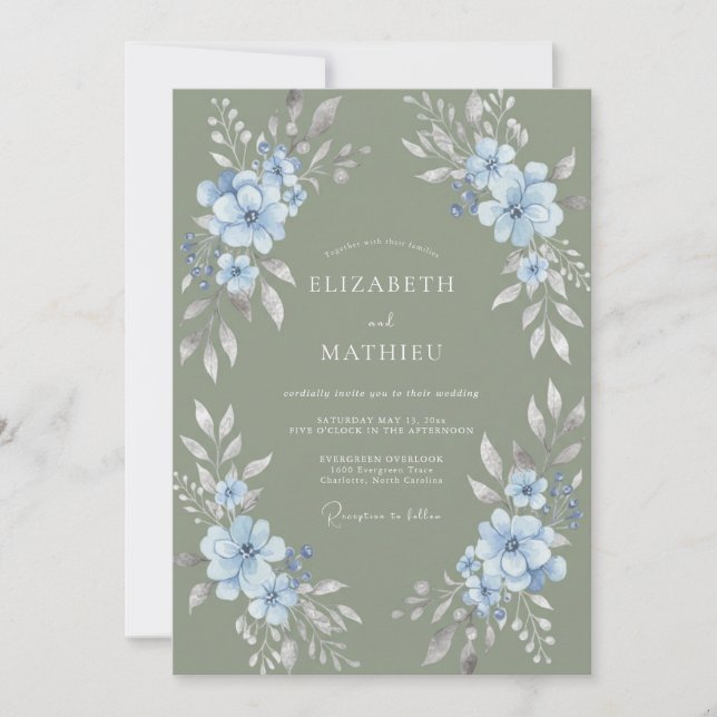 Invitation Vert sage bleu floral aquarelle mariage (Devant)