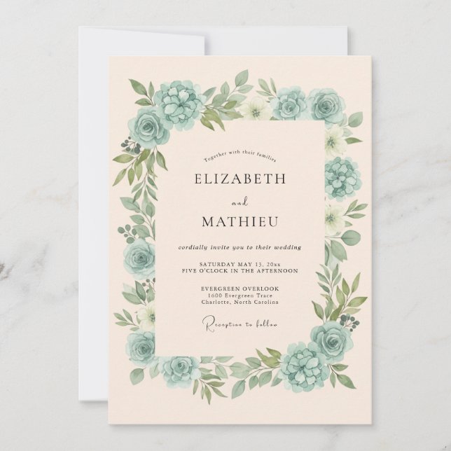 Invitation Vert Sage Fleur Mariage Florissant (Devant)