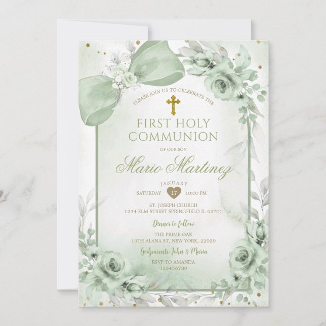 Invitation Vert sage floral garçon croix première communion (Devant)