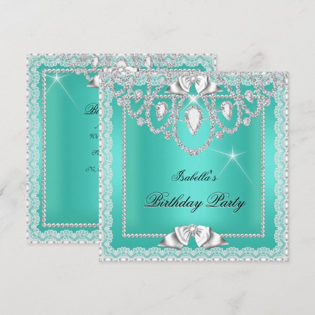 Invitation Vert sarcelle Dentelle Élégant Diamants Fête d'ann (Devant / Derrière)