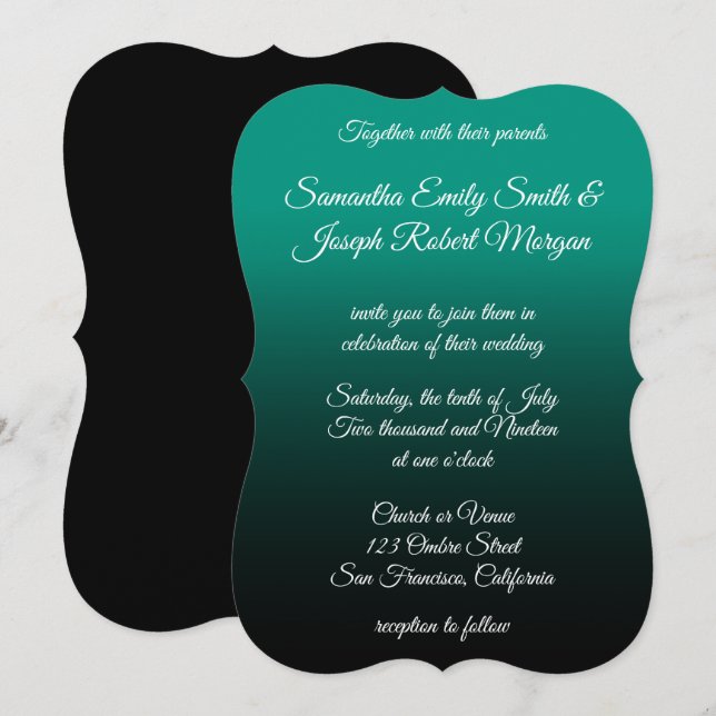 Invitation Vert sarcelle noir ombré Élégante calligraphie mar (Devant / Derrière)