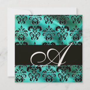 INVITATION VERT SATIN DAMASSÉ EN SOIE TURQUOISE MONOGRAMME