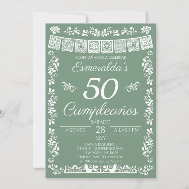 Invitation Vert sauge 50 Cumpleaños Fête d'anniversaire (Devant)