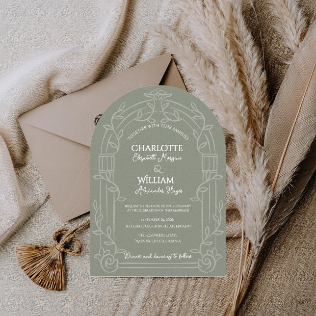 Invitation Vert Sauge Arc Orné Botanique Mariage (Sage Green Ornate Arch Botanical Wedding Invitation | Elegant Garden Estate Wedding Invite)