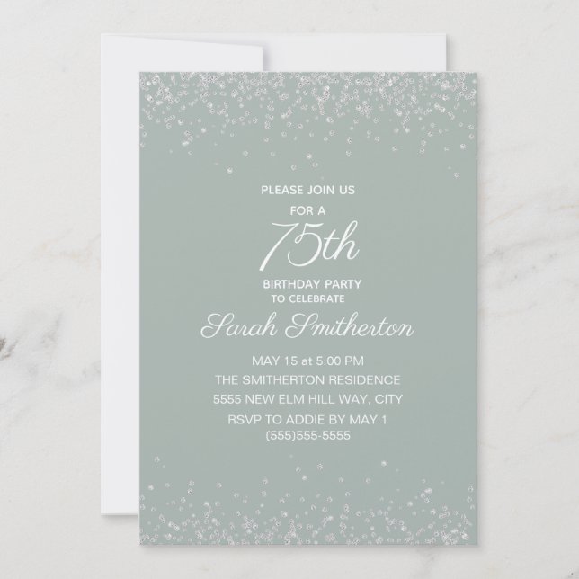 Invitation Vert sauge Argent Diamant Paillettes 75e Anniversa (Devant)
