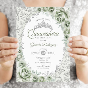Invitation Vert sauge Argent Floral Quinceanera