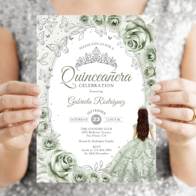 Invitation Vert sauge argent Quinceanera floral (Créateur téléchargé)