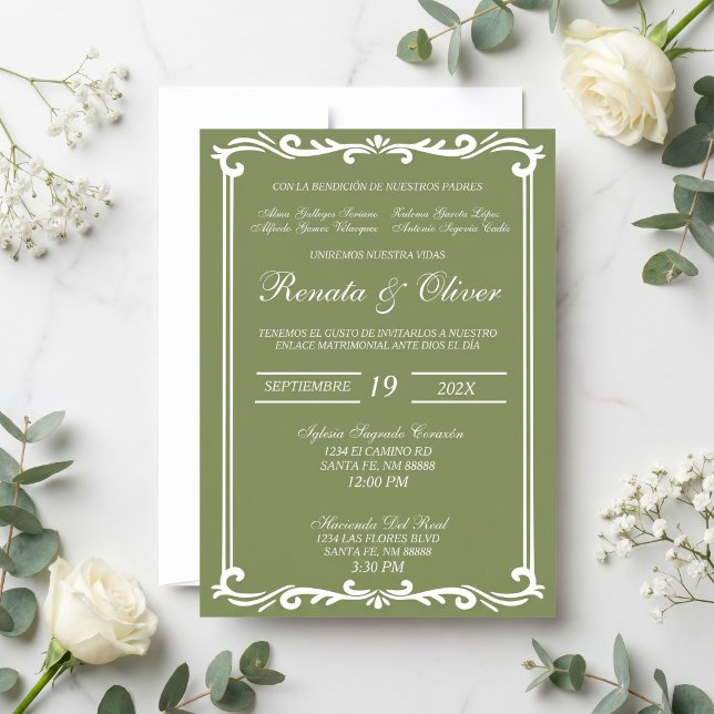 Invitation Vert sauge avec cadre mariage espagnol  (Créateur téléchargé)