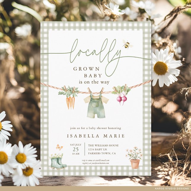 Invitation Vert Sauge Baby Shower Local et Éthique (The front of the baby shower invite is shown at a 5x7-inch size. Choose paper, + corner style.)