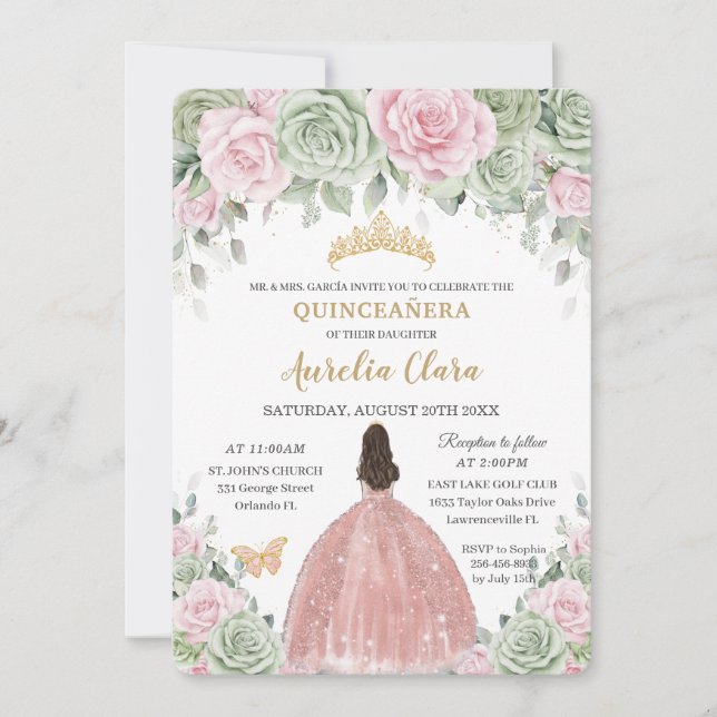 Invitation Vert sauge Bébé Rose Floral Rose Or Quinceañera (Devant)