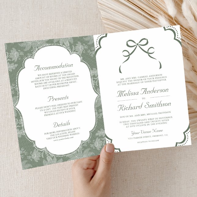 Invitation Vert Sauge Blanc Dentelle Coquette Nœud Code QR Ma (Créateur téléchargé)