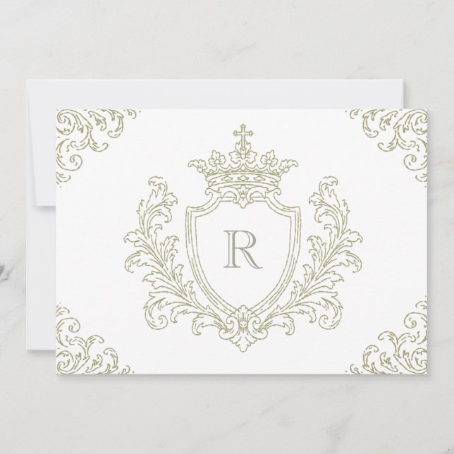 Invitation Vert sauge blason traditionnel monogramme baptême (Devant)