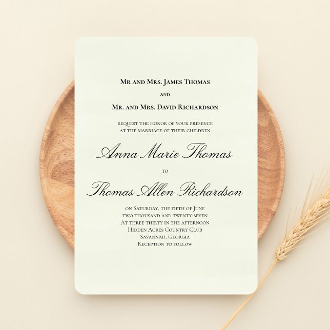 Invitation Vert Sauge Botanique Classique Écriture Formel Mar (Sage green formal wedding invitation with elegant script and timeless layout.)