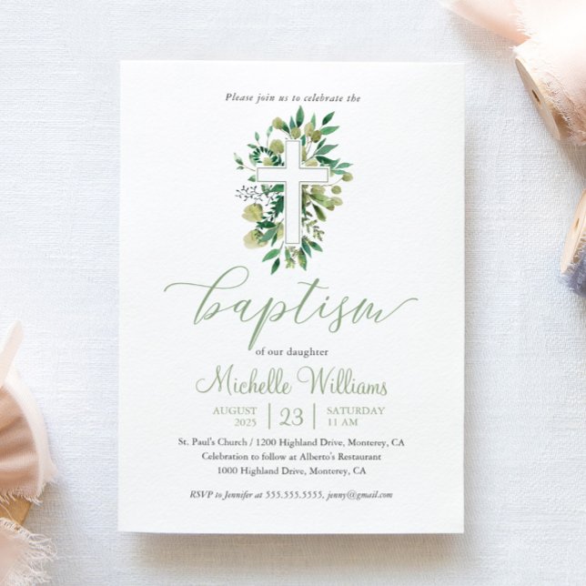 Invitation Vert sauge calligraphie baptême (Créateur téléchargé)