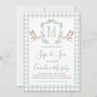 Invitation Vert sauge cigogne Sip & See Gingham chic