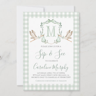 Invitation Vert sauge cigogne Sip & See Gingham chic