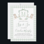 Invitation Vert sauge cigogne Sip & See Préparatoire Gingham<br><div class="desc">Faire-part Douce Bébé Cigogne Sip & See Peut être utilisé pour tout type d'événement de Baby Shower ! Utilisez cette invitation de Baby Shower à l'aquarelle élégante pour les événements à domicile, et plus encore ! Besoin d'un titre différent ? Consultez cette collection pour le même design avec plus d'options...</div>