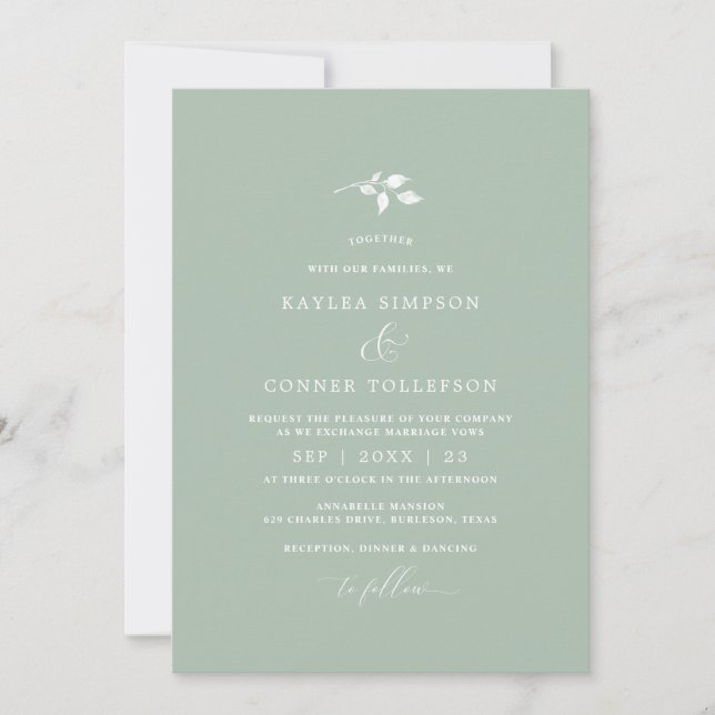 Invitation Vert Sauge Clair Mariage Simple Élégant Classique (Devant)