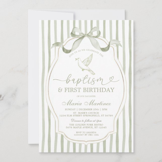 Invitation Vert sauge colombe baptême premier anniversaire (Devant)