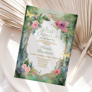 Invitation Vert sauge de la forêt Fleurs roses 15 Mis Quince