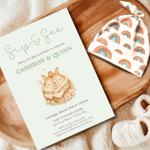 Invitation Vert Sauge Deux Lapins Jumelles Sip and See
