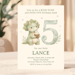 Invitation Vert Sauge Dinosaure Mignon 5ème Anniversaire