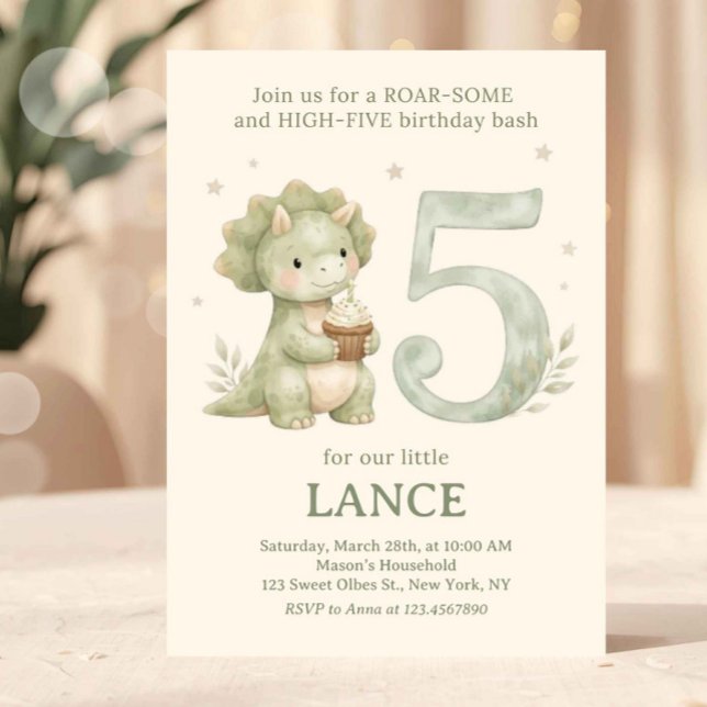 Invitation Vert Sauge Dinosaure Mignon 5ème Anniversaire (dinosaur birthday invitation, 5th birthday invite, roarsome five invite, dinosaur party invite, tric)