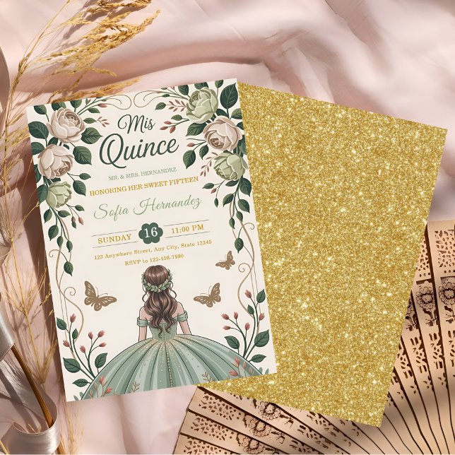 Invitation Vert sauge Douce 15 Couronne d'or Papillon  (Créateur téléchargé)
