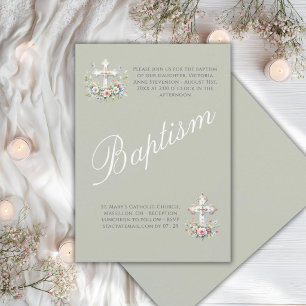Invitation Vert sauge élégant Baptême religieux de bébé