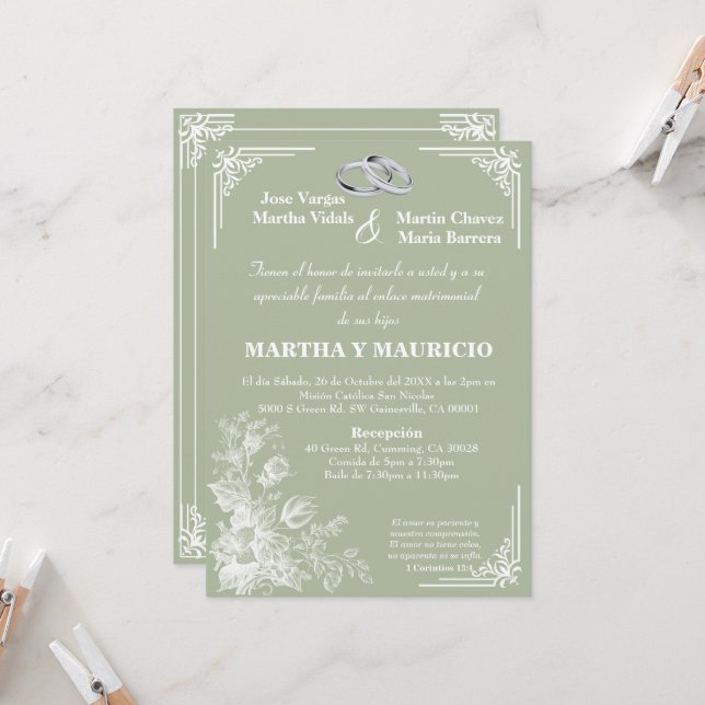 Invitation Vert sauge Élégant Notre Mariage  (Devant/Arrière en situation)