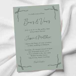 Invitation Vert sauge Élégant Script Coquette Nœud Mariage