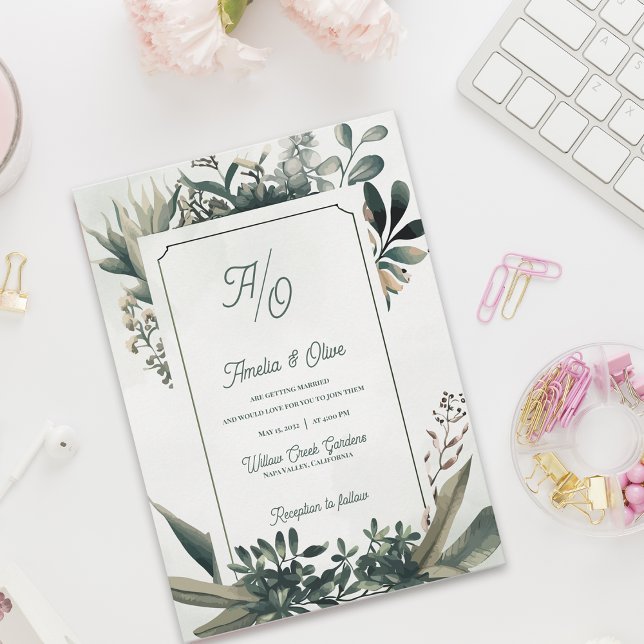 Invitation Vert sauge Élégante Botanique Verdure Mariage (Elegant Botanical Greenery Wedding Invitation Set | Sage Green Frame Garden Wedding Invite)