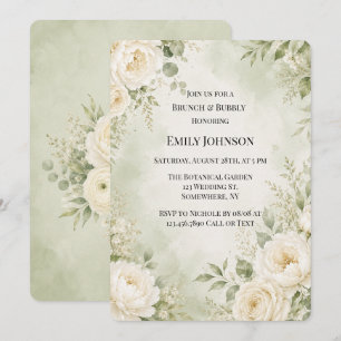 Invitation Vert sauge et floral ivoire pour brunch et bulles