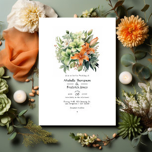 Invitation Vert sauge et floral mariage terre cuite claire