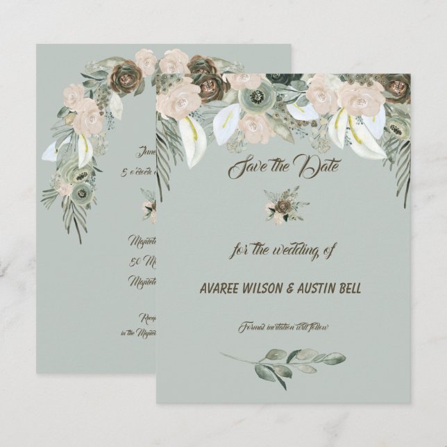 Invitation Vert Sauge et Mariage à la Crème Vanille (Devant / Derrière)