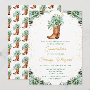 Invitation Vert sauge et or floral bottes de cow-boy Quinceañ