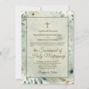 Invitation Vert sauge et or, mélange bohème catholique de mar
